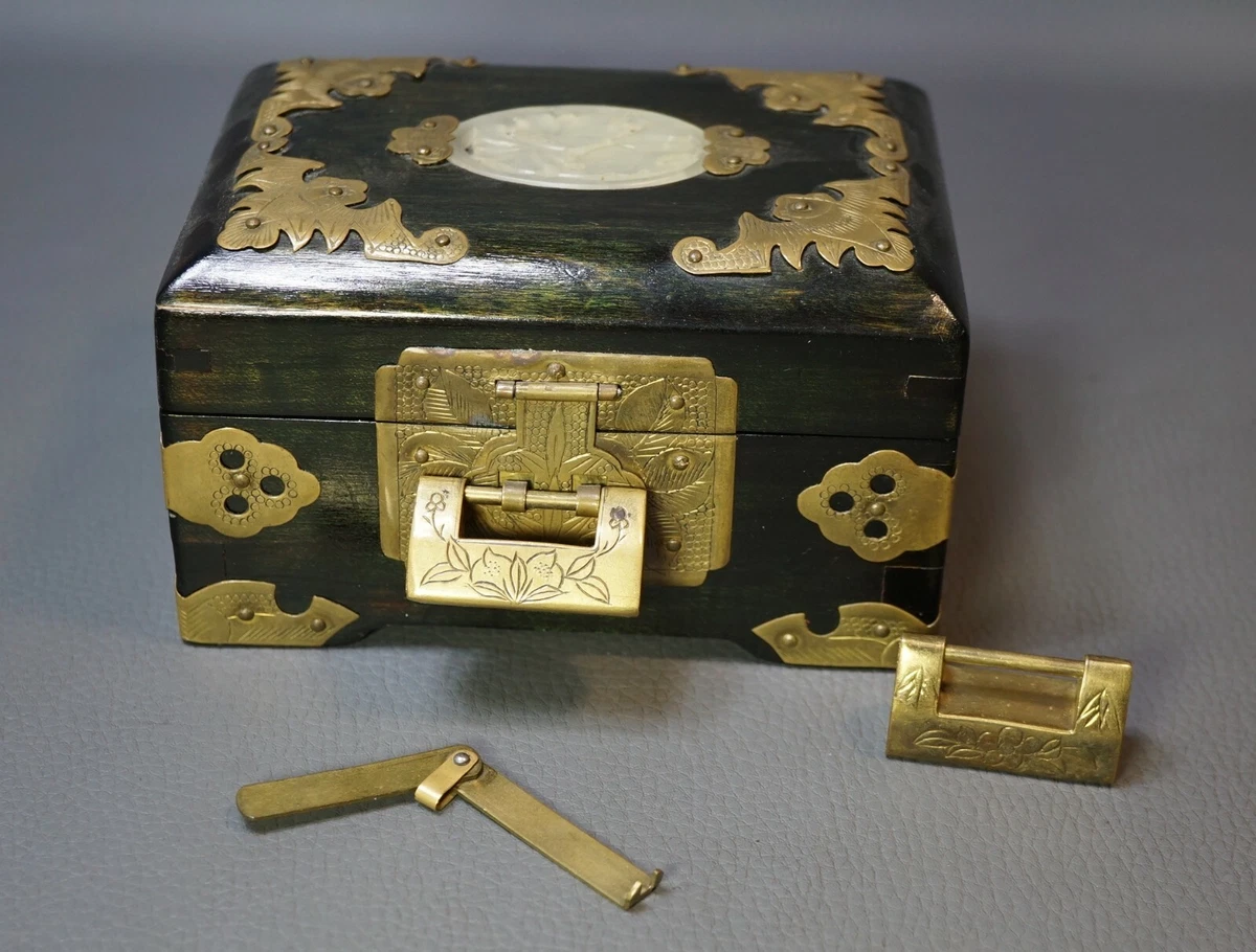 Antique Chinese Jewelry Box Wood Brass Jade Pink Gold Silk Lining