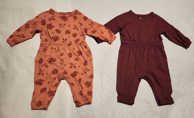 NWT Old Navy Leaf Print Solid Burgundy Rompers Jumpsuits 2 Pack Baby Girl