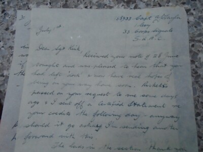 CAPT A J TAYLOR SIGNALS SIGNED  SEAC to Sgt KIRK   2 PAGES CLEAR