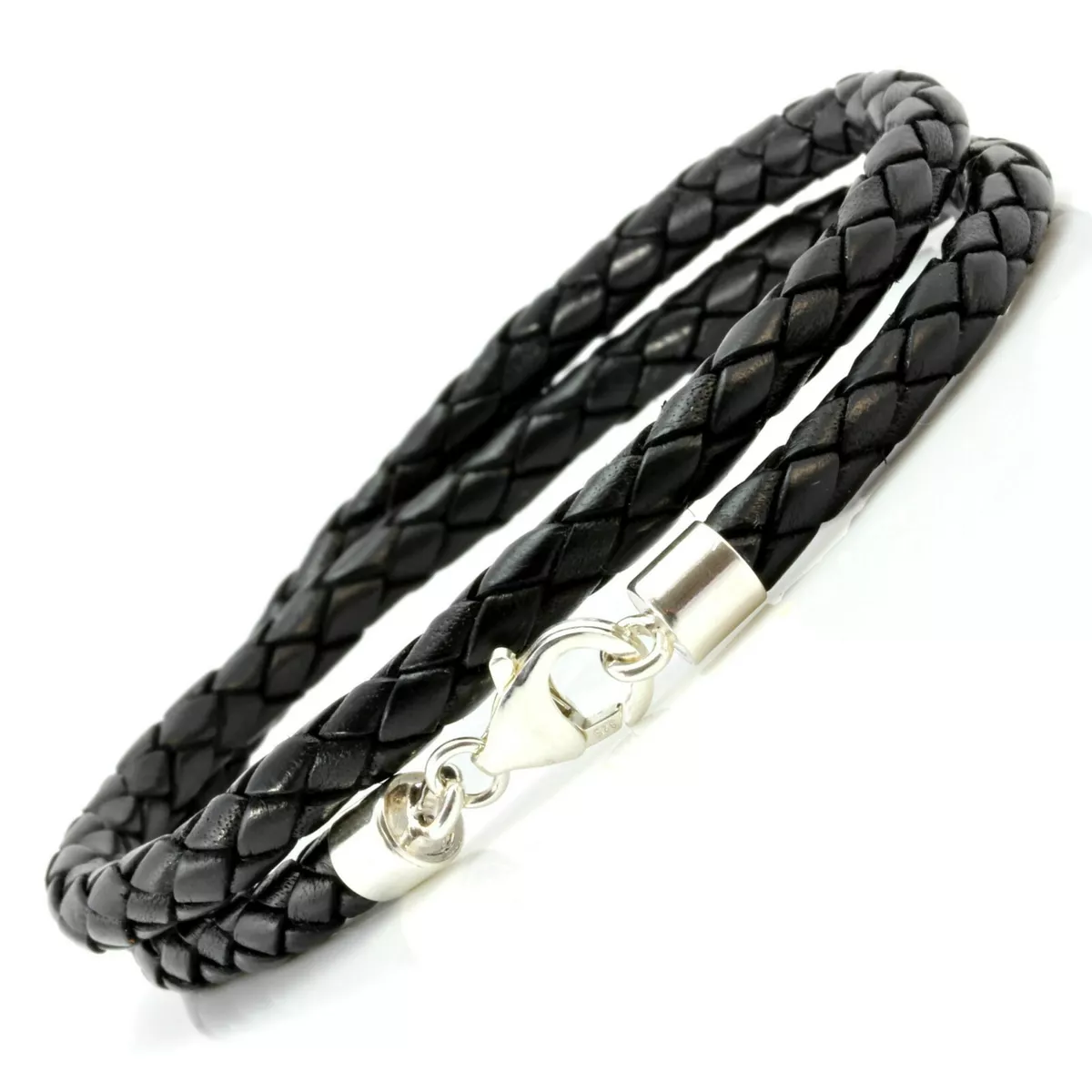Mens 5mm Braided Double Wrapped Leather Sterling Silver Bracelet