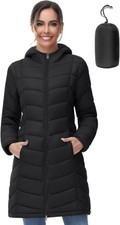 Slow Down Women Lightweight Down Puffer Coat, Women Hooded Mid-length Packable W