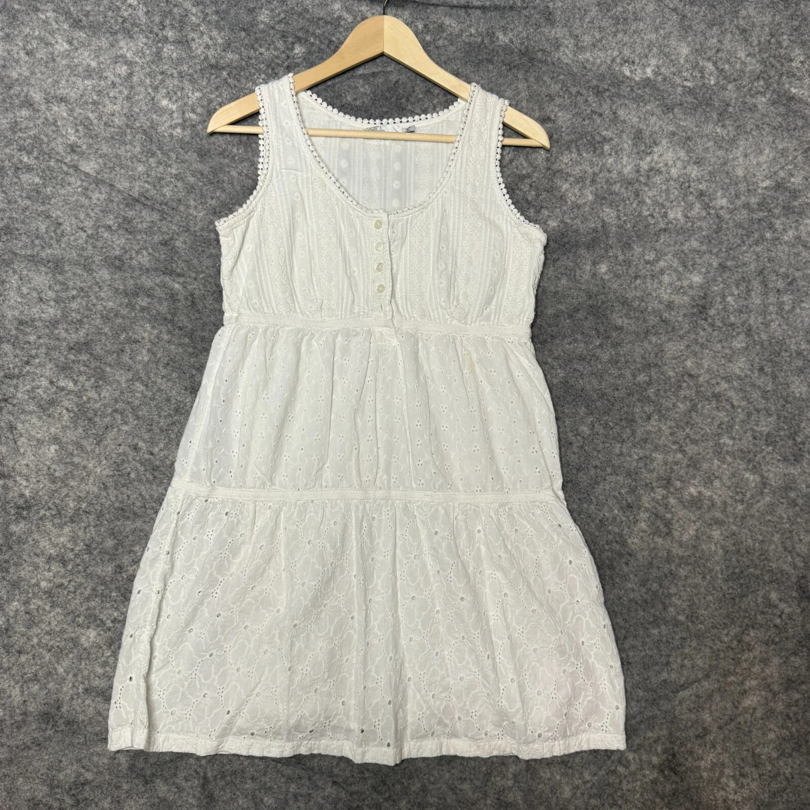 prana dress button tiered cottagecore peasant eyelet floral boho 