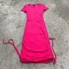 Shein Ruched Ribbed Knit Bodycon Long Dress Womens Small Hot Pink Casual Stretch