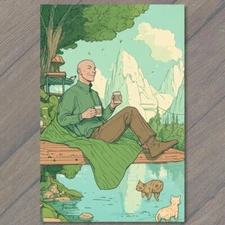 Art Print Man Bald Figure with Coffee Surreal Nature Scene Vibrant Colors Relax