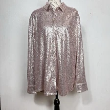Crown & Ivy Button Up Sparkle All Over Sequin Blouse Pink Holiday Womens L Party