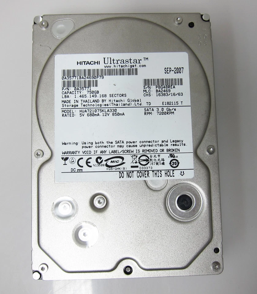 HITACHI 750 GB 3.5" Internal SATA Hard Drive MODEL: HDS721075KLA330 For PC & MAC - Image 2 of 2
