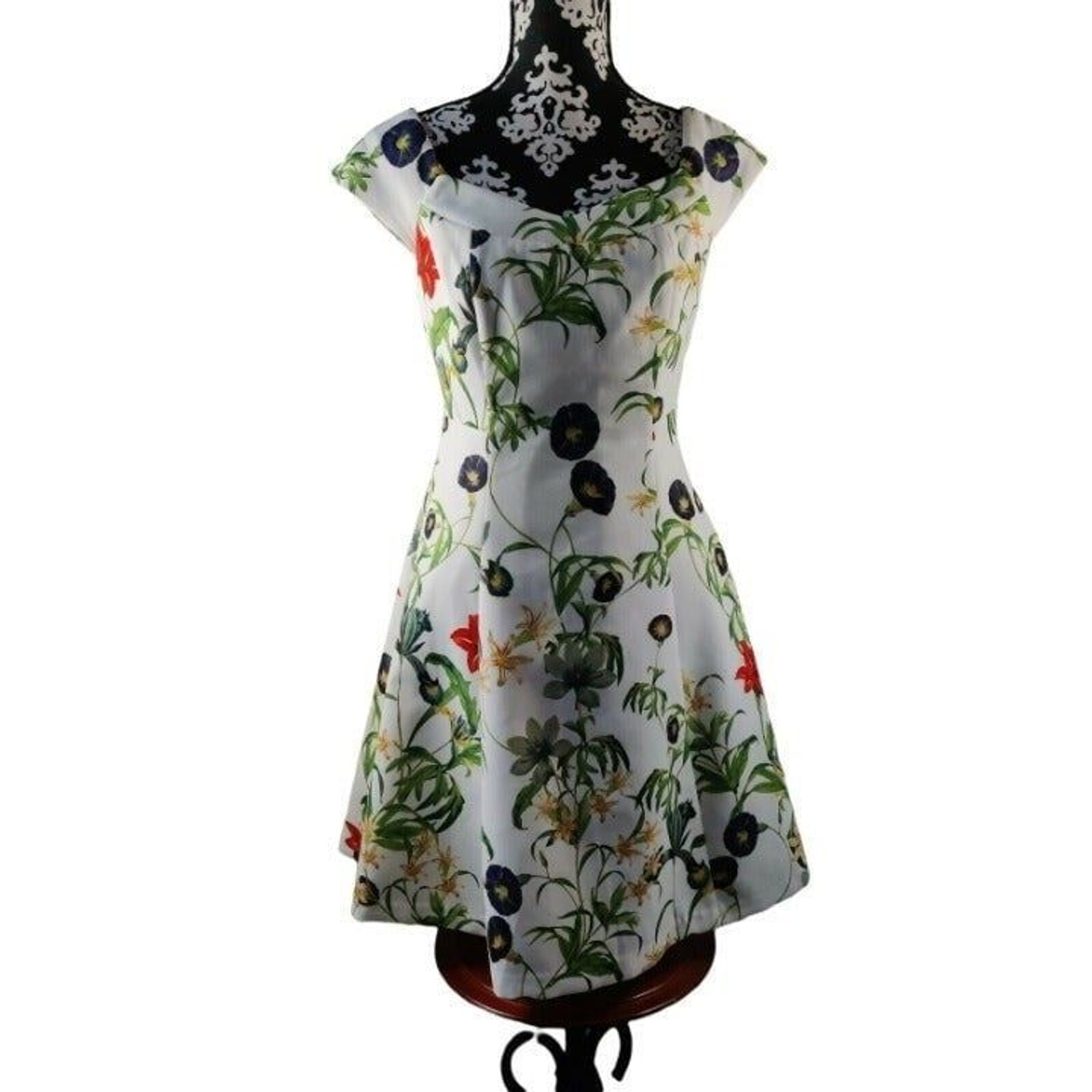 Forever21 Floral Cap Sleeve Fit & Flare Dress White Green Womens Size Small