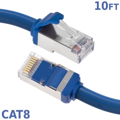 10FT Ethernet LAN Network Cat8 RJ45 S/FTP Cable Shielded Cord 28AWG 2GHz Blue