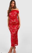 BOOHOO BARDOT RED LACE MAXI DRESS - Size 14