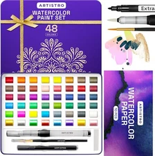 ARTISTRO Watercolor Paint Set 48 Vivid Colors in Portable Box Including Metallic