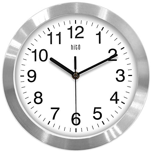 HITO 10 Inch Silent Wall Clock Battery Operated Non Ticking Glass Cover Silve...