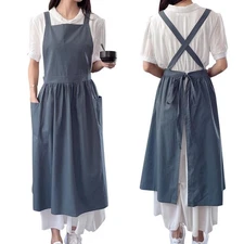Pinafore Apron Dress，Japanese Cotton Linen Cross Back Apron for Women with Po...
