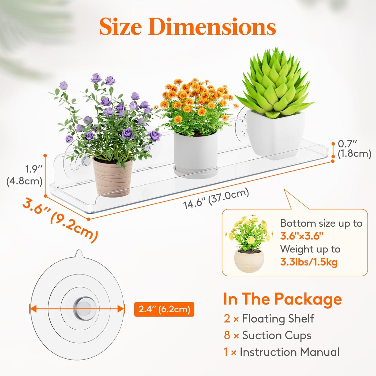 2-Pack Acrylic Window Plant Shelves, 14.6 x 3.6 inch, Suction Cup Sill Extender
