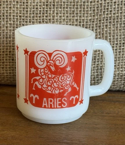 Vintage 70s Milk Glass Aries Zodiac Mug 20 White & Red 1970s