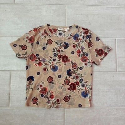 Ginger G Blouse Top Tan Floral Short Sleeve Stretch Unique Boho Chic Festival S