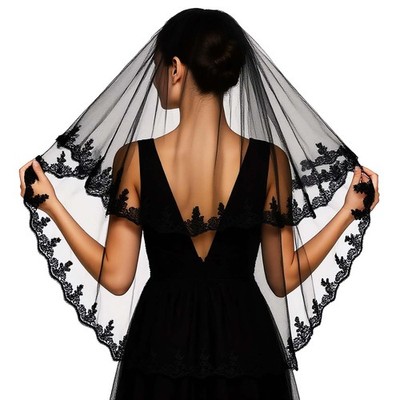 Black Wedding Veil Long Funeral 2 Tier Lace Brides Comb Fingertip Mourning