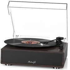 Vintage Turntable for Dark Walnut Red Record Player - Built-in Stereo Speakers