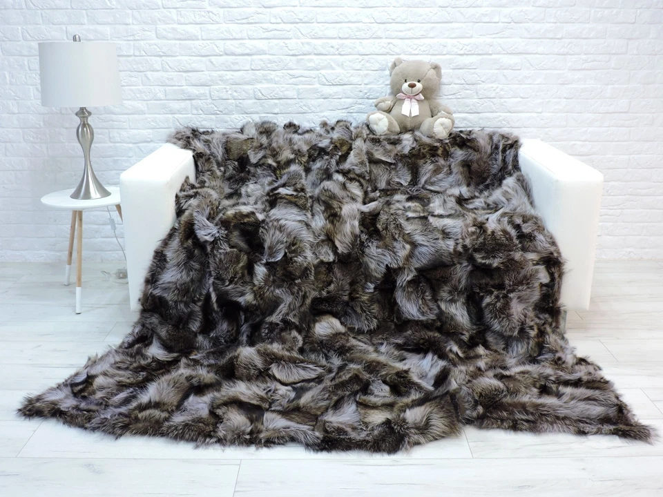 Waschbär Pelz Decke : King Size Patchwork Grau Fell Überwurf, Glamour Dekor 347 - Bild 4 von 4