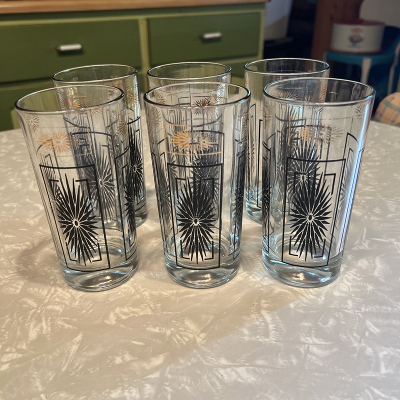 Vintage Atomic Starburst Barware Glasses Black/Gold Beverage MCM  Set of 6