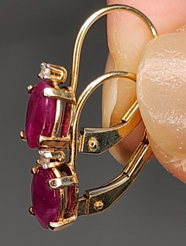CID 14K Ruby & Diamond Faceted Oval Leverback Earrings by Clyde Duneier