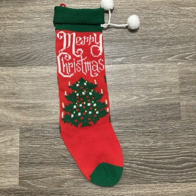 Vintage Knit Christmas Stocking Christmas Tree Merry Christmas  Pom Poms 17''