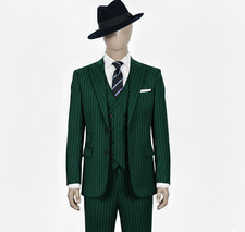 Men's Gangster Pinstripe 3-Piece Suit Slim fit One Button Green Stripped Suits