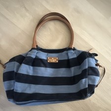 Kate Spade New York Blue Striped Satchel Brown Handles Gold Hardware