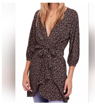 Free People Clara Tunic Mini Dress  Floral Boho Black Orange Faux Wrap Size S