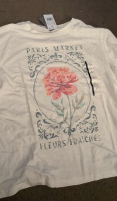 Primark Paris Market Floral Graphic Crew Neck Short Sleeve T-Shirt White Size L
