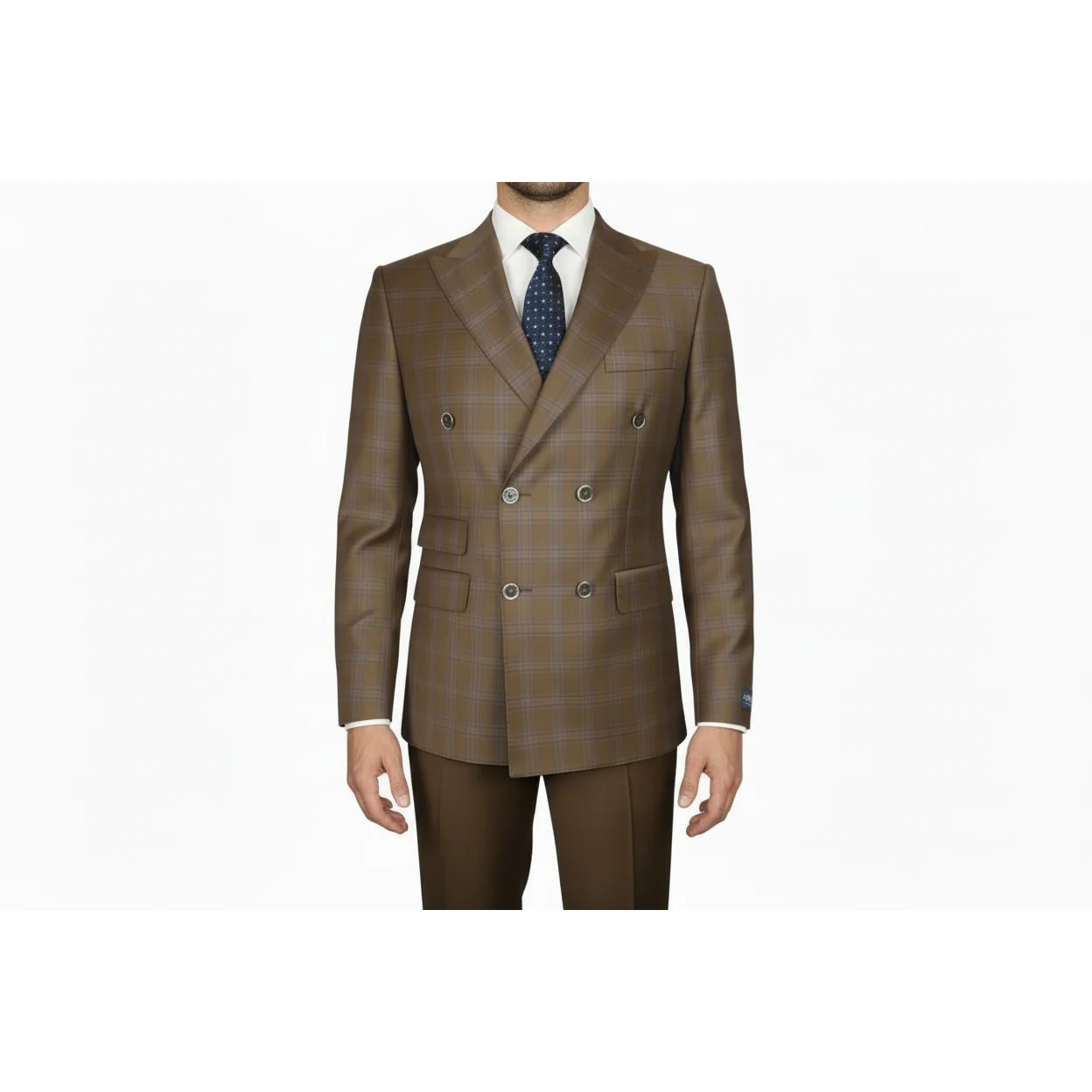 Men's Mono Double Breasted Blazer Super 180s Wool 1523-03 Brown Blue Plaid
