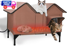 XL Heated Outdoor Cat House Weatherproof Elevated Shelter w/ Heating Pad Brown