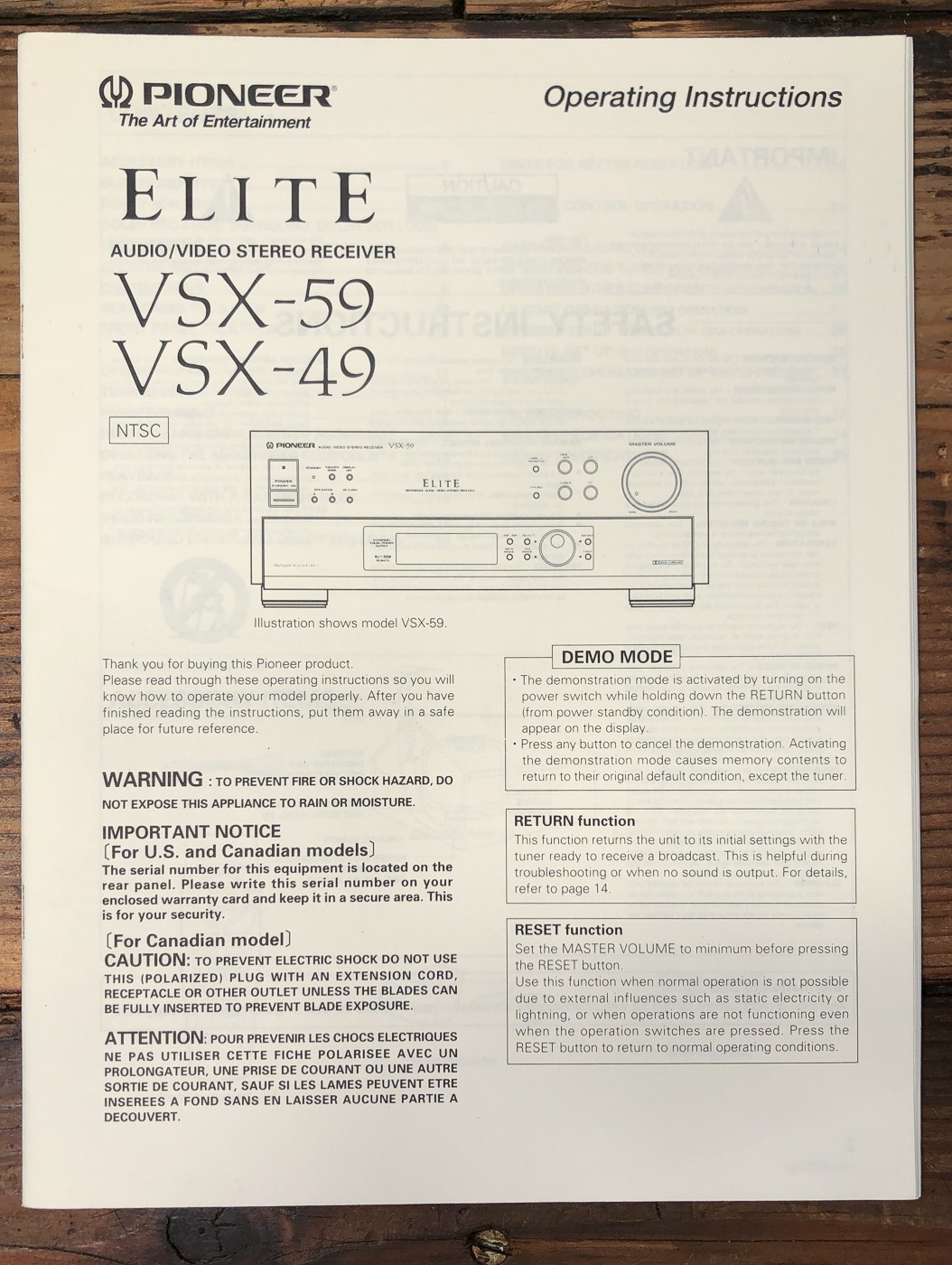 Pioneer Elite VSX-59 VSX-49 Receiver Owners / User Manual *Original*