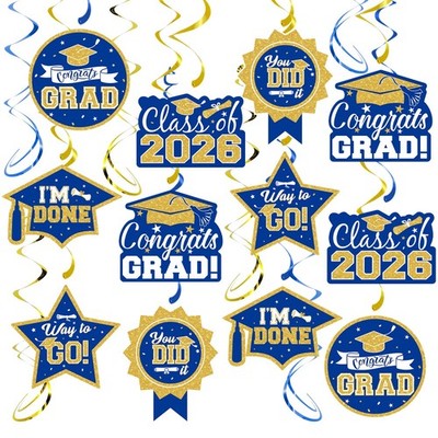 30 PCS Blue Gold Class Of 2026 Graduation Hanging Swirl Ceiling Decorations