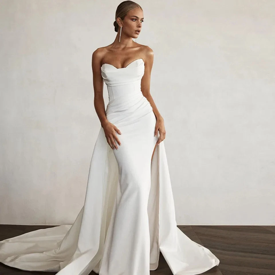 Elegant Sweetheart Mermaid Wedding Dresses Detachable Train Satin Bridal Gowns - Image 2 of 4