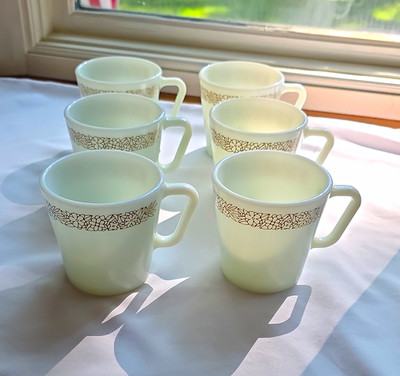 PYREX Vintage White Milk Glass Woodland  Mugs Set of 6 With Handle Made in USA