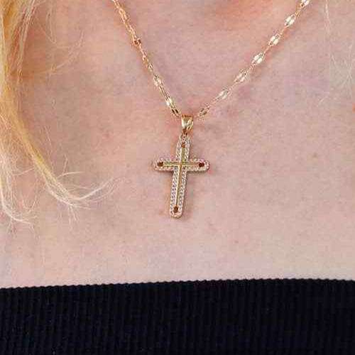 14K Yellow Gold CZ Halo Cross Pendant 1.38" - Picture 1 of 7