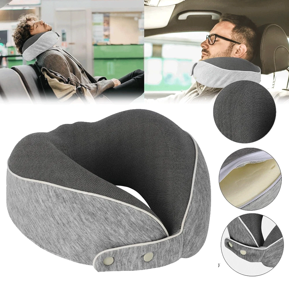 Inflatable Travel Neck Pillow – Grey PVC Flocked, Compact Airplane Headrest For Sleeping, Office & Train