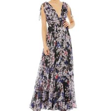 NWT Mac Duggal Black Pick Purple Floral Tie Shoulder Chiffon VNeck Maxi Dress 14