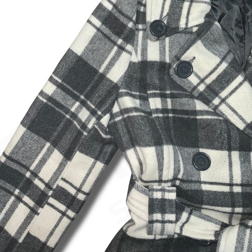 Joujou Pea Coat Jacket Women's Large Gray White Button Plaid Belted Wool Blend - Picture 6 of 20