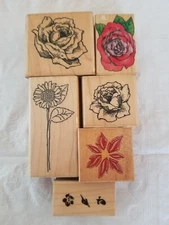 Lot of 6 assort flower sunflower rose rubber  wood mounted stamps #60