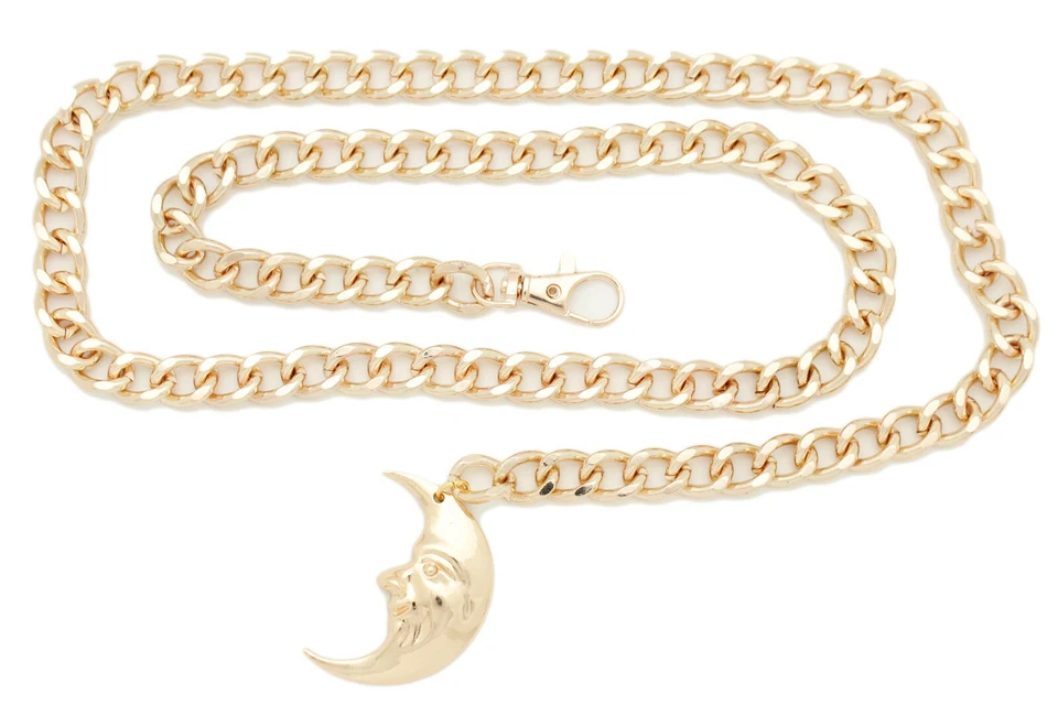 Lo último Mujeres Elegante Moda Cinturón Fino Oro Metal Cadena Luna Dije Cintura Cadera M L XL Foto 2 de 4