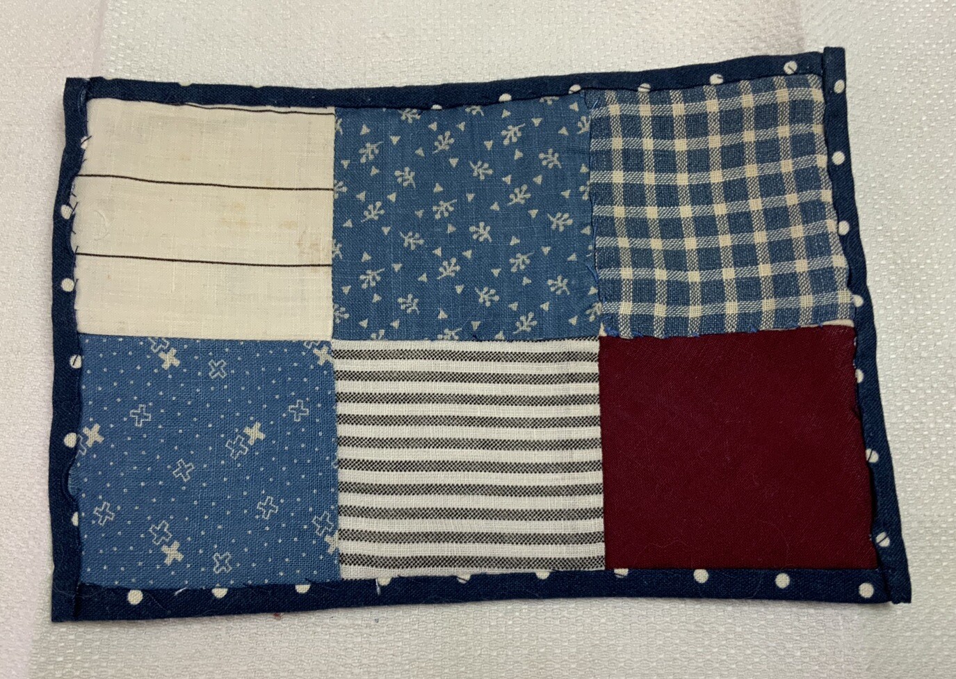 Patchwork Quilt Small Table Topper, Four Patch, Blue Calico Prints, Off White