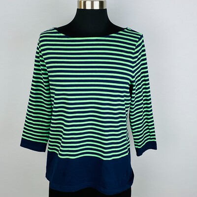Chaps  Womens Large L Sporty Preppy Green Blue Striped 3/4 Sleeve Top