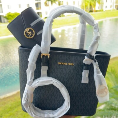 Michael Kors Jet Set Travel XS Carryall Tote Bag Flap Bifold Wallet  (Black) 192877964551|