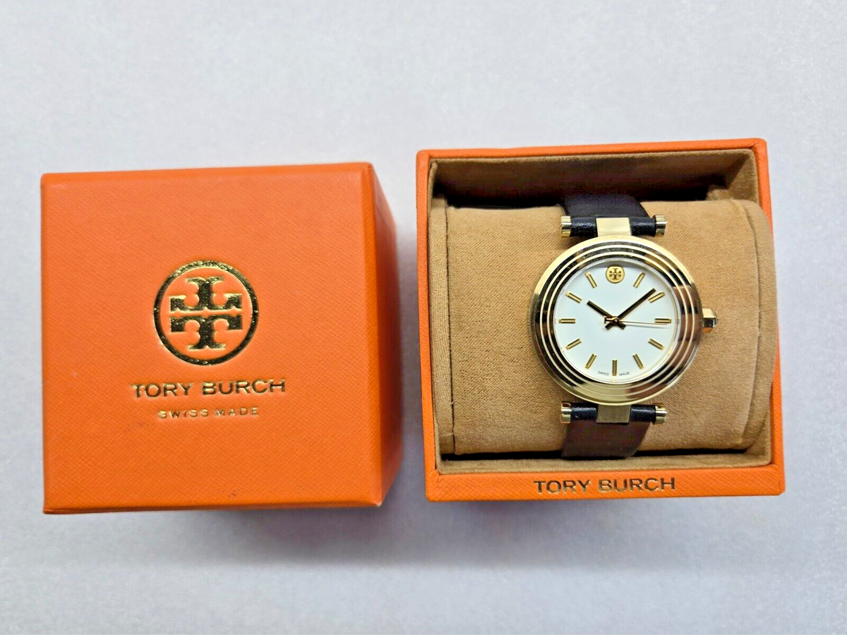 TORY BURCH CLASSIC T IVORY DIAL BLACK LEATHER STRAP WOMEN'S WATCH