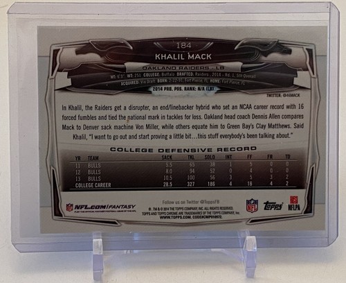 2014 Topps Chrome Mini Khalil Mack Los Angeles Chargers Rookie RC Card #184 - Picture 2 of 2