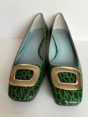 Frances Valentine Mary Mini-Pumps Blockabsatz Kroko-Prägung grün Leder 7B-Neu mit Karton - Bild 2 von 12