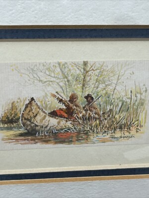 PAUL ABRAMS PAINTING LISTED FAMOUS WESTERN CANOE COWBOY INDIAN FRONTIER MINI