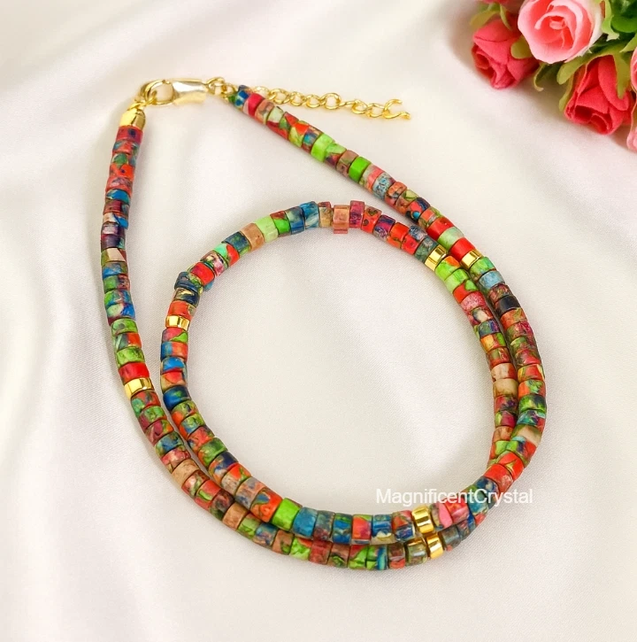 Gargantilla de jaspe sedimento marino galaxia hecha a mano tubo arco iris cuentas delicado collar Foto 2 de 4