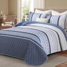 3-Piece Plaid Striped Geometric Reversible Quilt Microfiber Coverlet Bedding Set